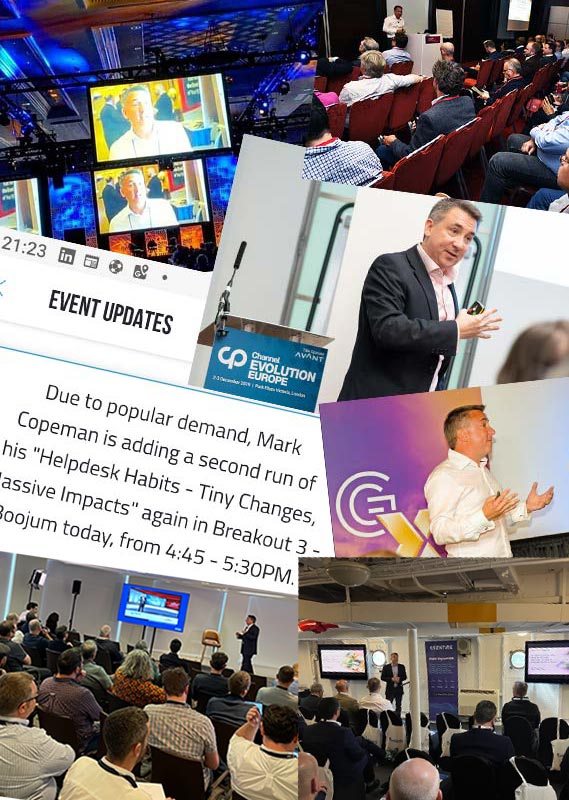 Collage of Mark Copeman speaking on and off stage as an event speaker